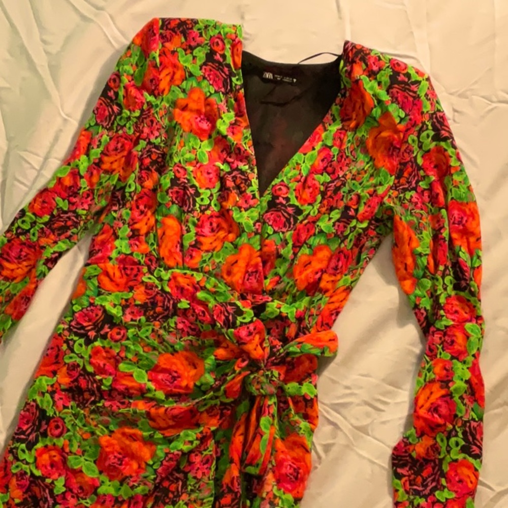 NWOT Zara floral chiffon tie dress